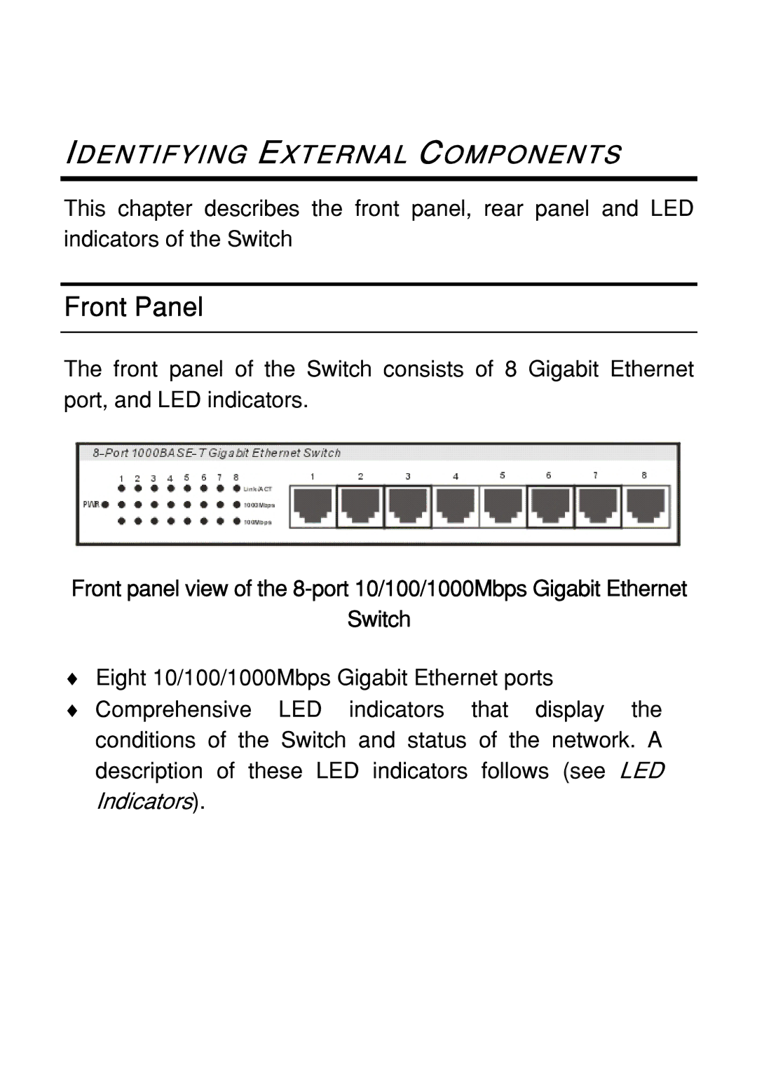 Atlantis Land 8 ports 10/100/1000Mbps manual Front Panel, Identifying External Components 