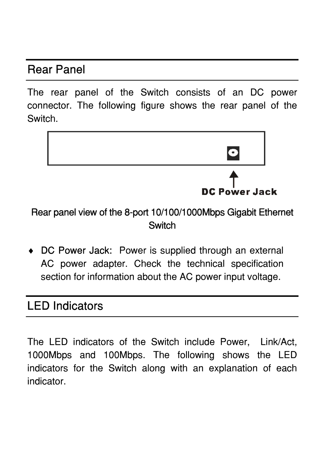 Atlantis Land 8 ports 10/100/1000Mbps manual Rear Panel, LED Indicators 