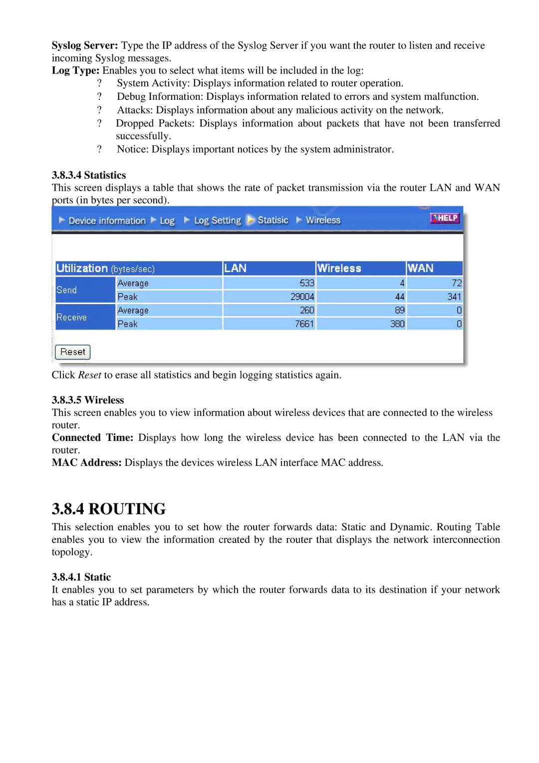 Atlantis Land 899 A02-WR-54G ME01 user manual Statistics, Wireless, Static 