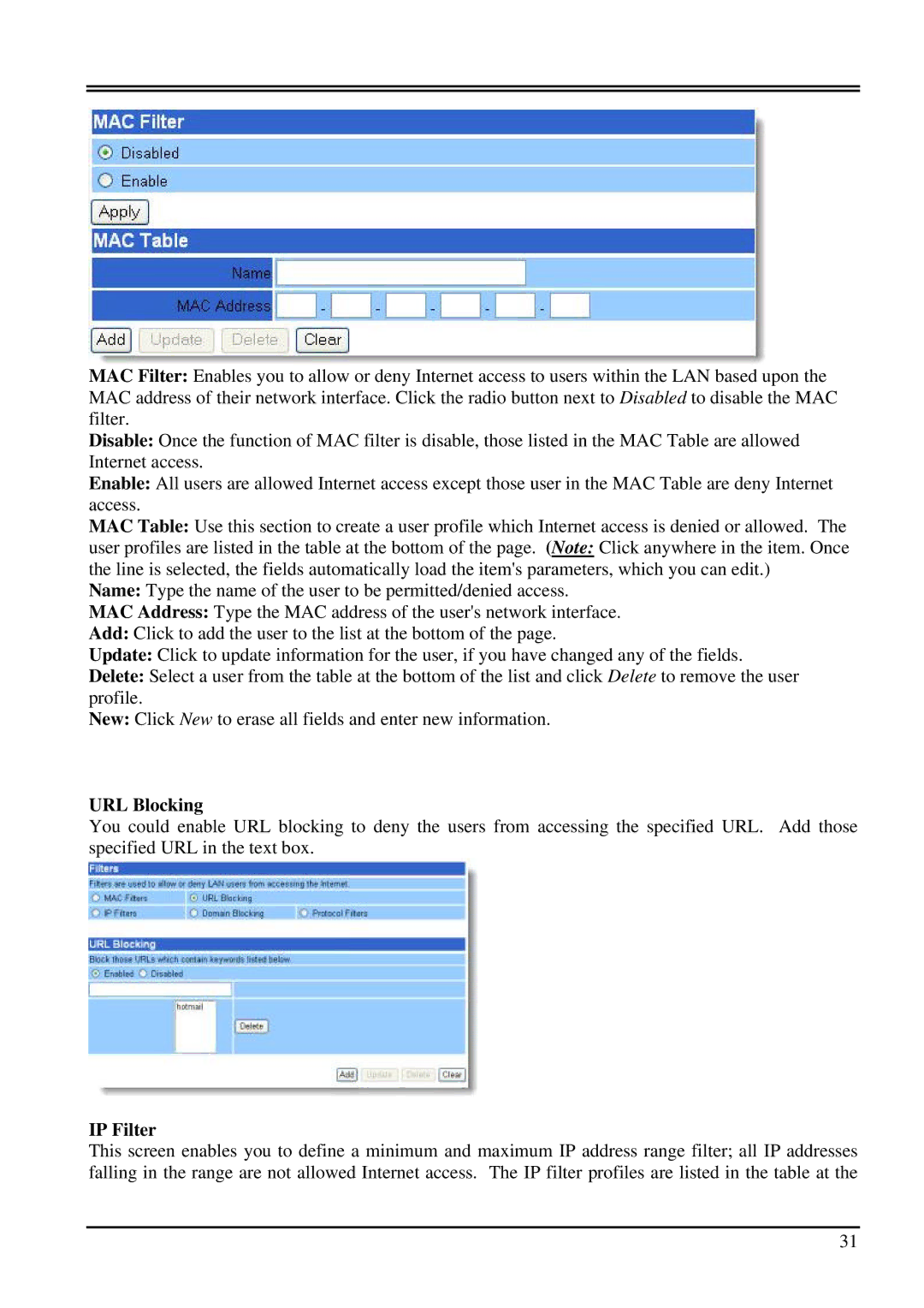 Atlantis Land 899 A02-WR-54G ME01 user manual URL Blocking, IP Filter 