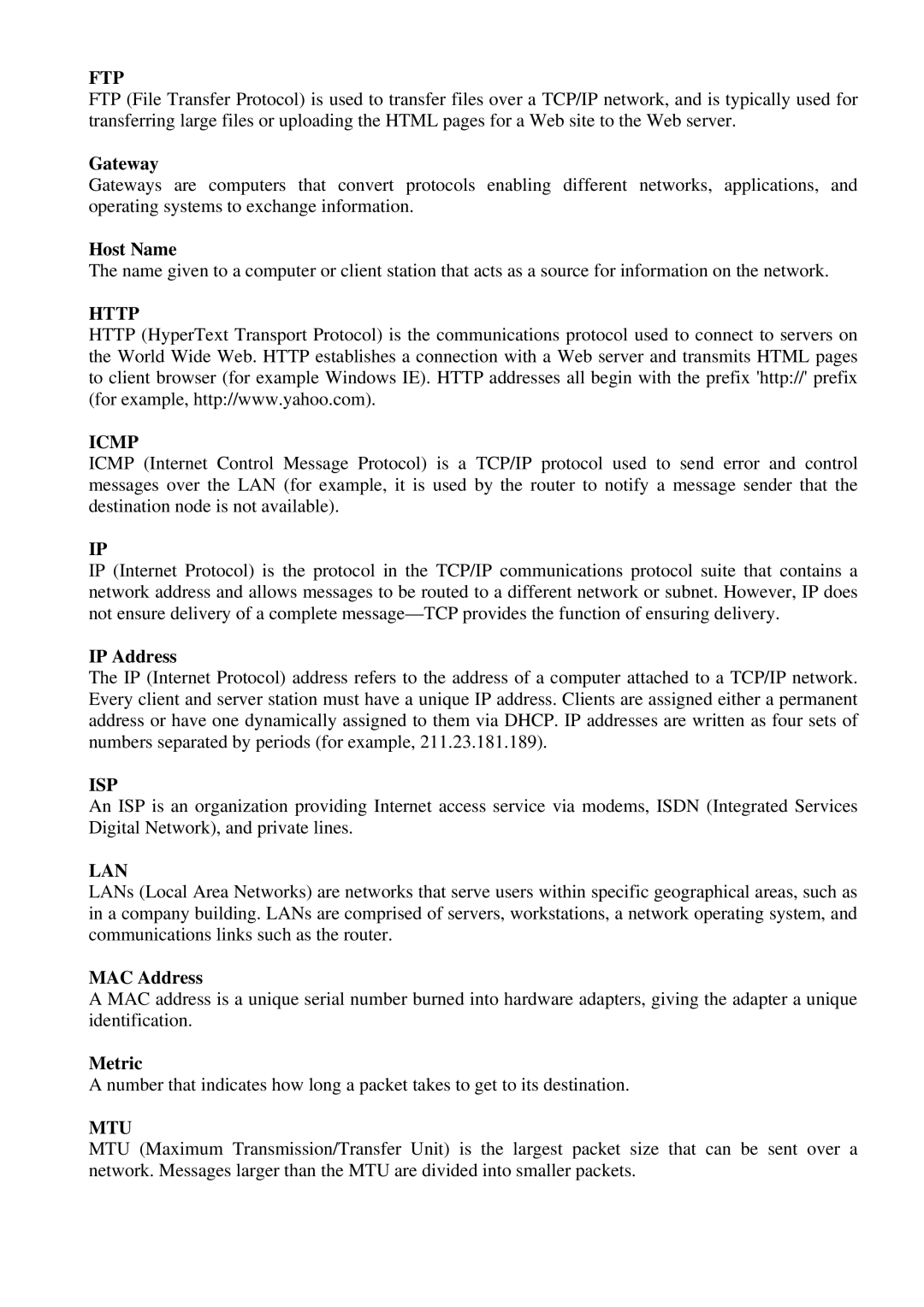 Atlantis Land 899 A02-WR-54G ME01 user manual Ftp, Http Icmp, Isp, Mtu 