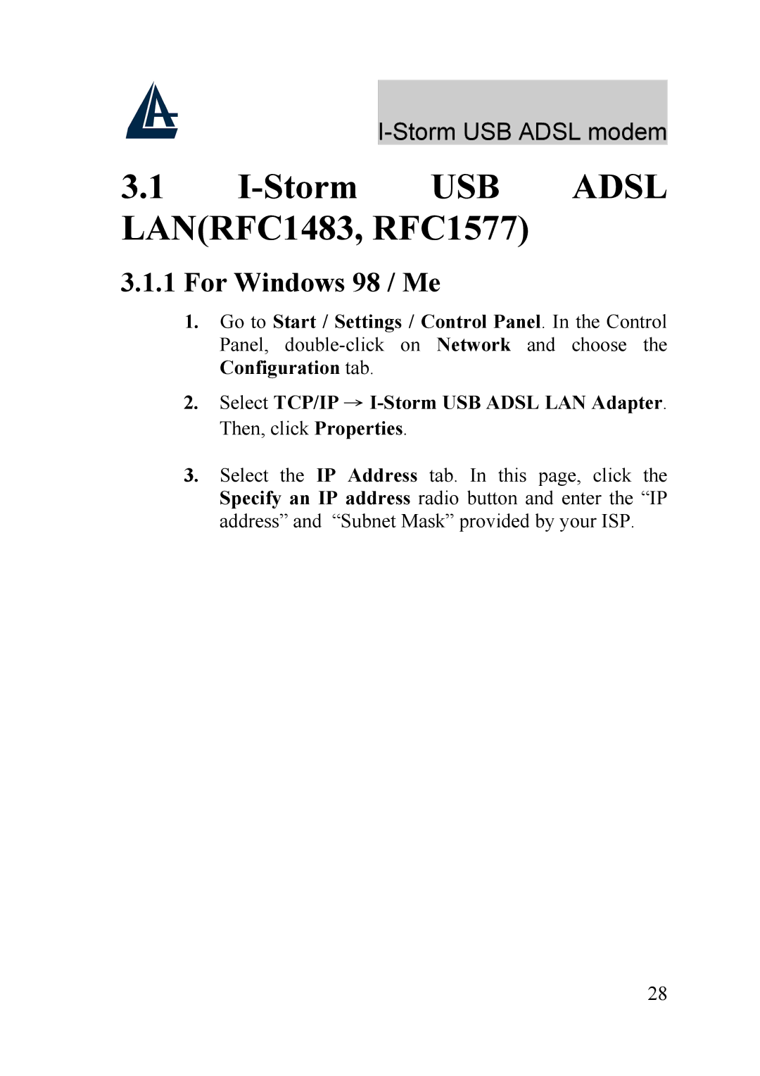 Atlantis Land A01-AU1 manual Storm USB Adsl LANRFC1483, RFC1577, For Windows 98 / Me 