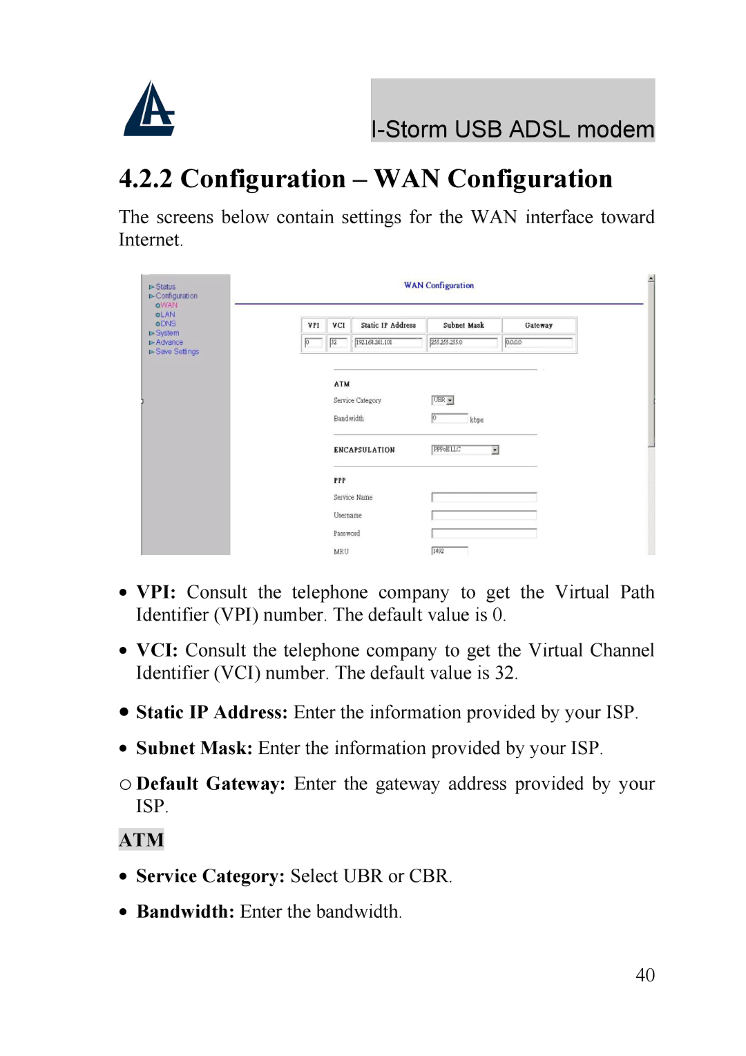 Atlantis Land A01-AU1 manual Configuration WAN Configuration 