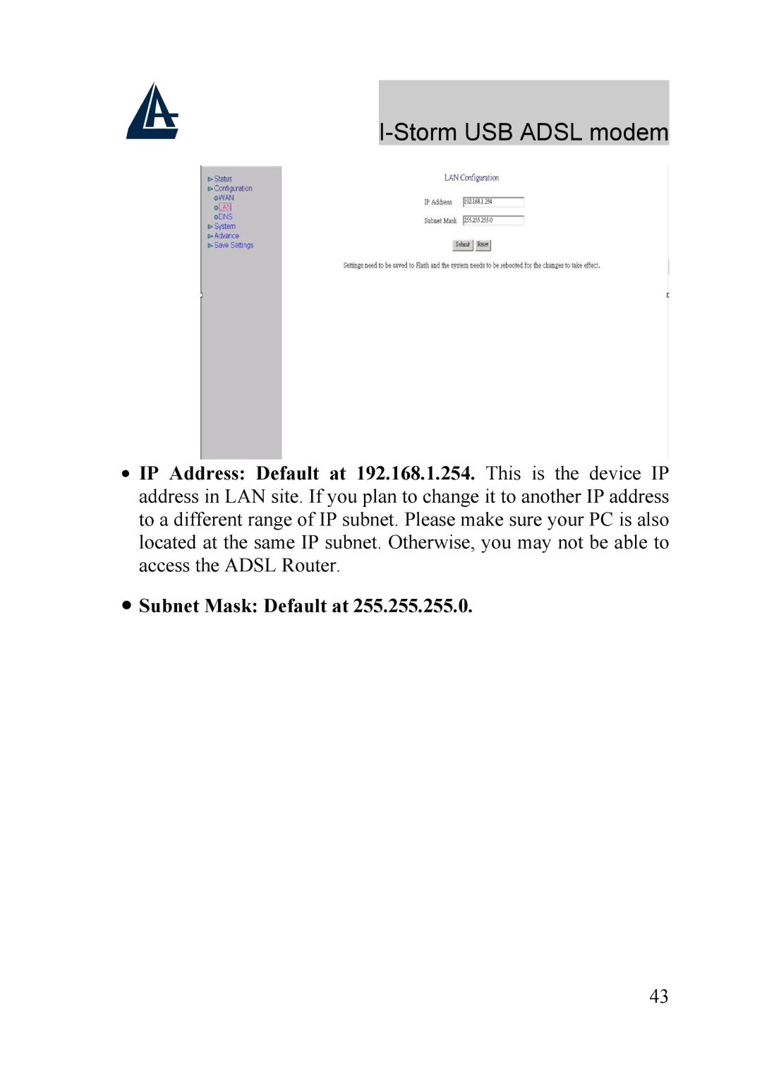 Atlantis Land A01-AU1 manual Subnet Mask Default at 