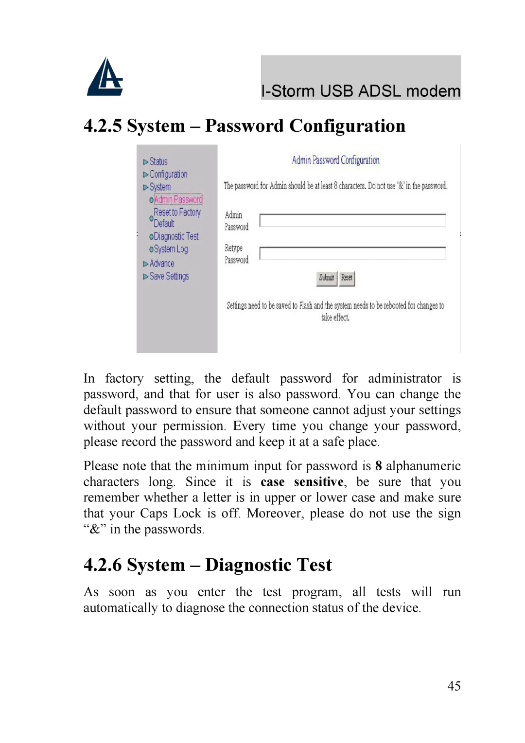 Atlantis Land A01-AU1 manual System Password Configuration, System Diagnostic Test 