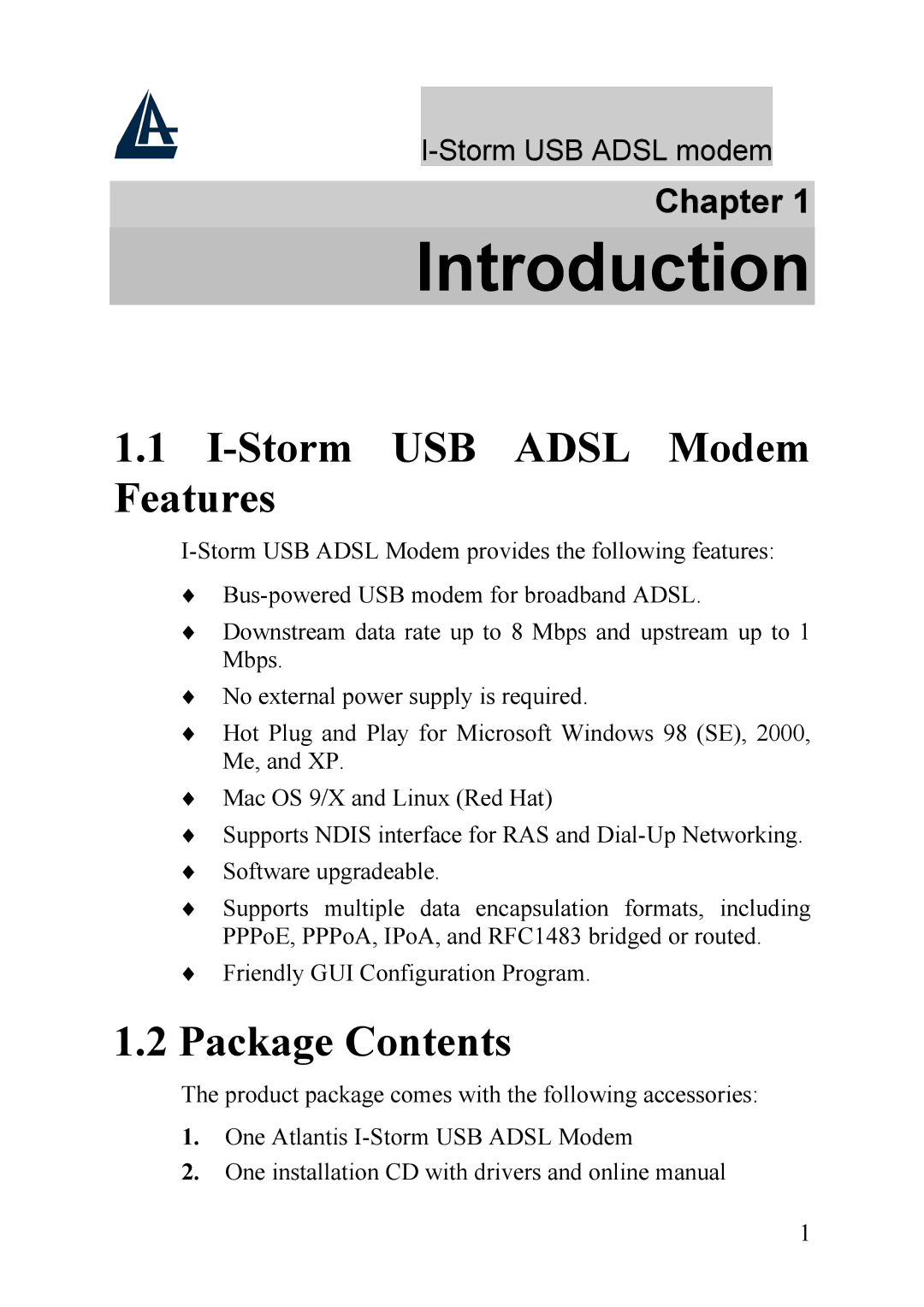 Atlantis Land A01-AU1 manual Storm USB Adsl Modem Features, Package Contents 