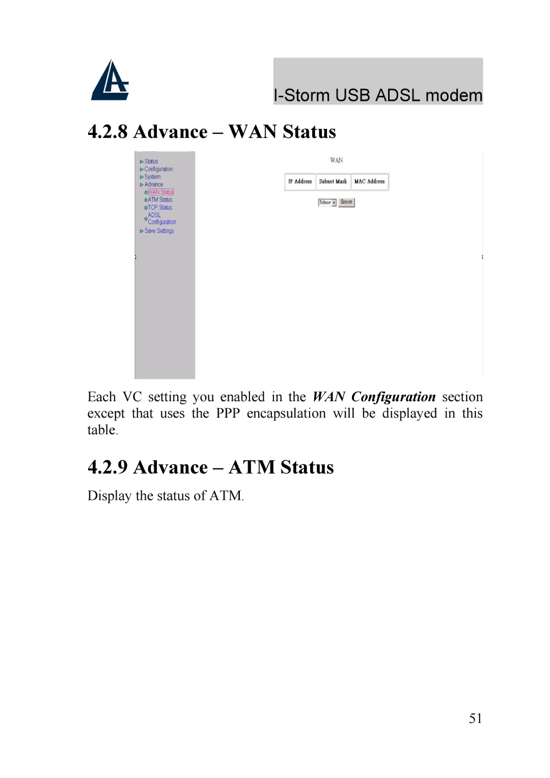 Atlantis Land A01-AU1 manual Advance WAN Status, Advance ATM Status 