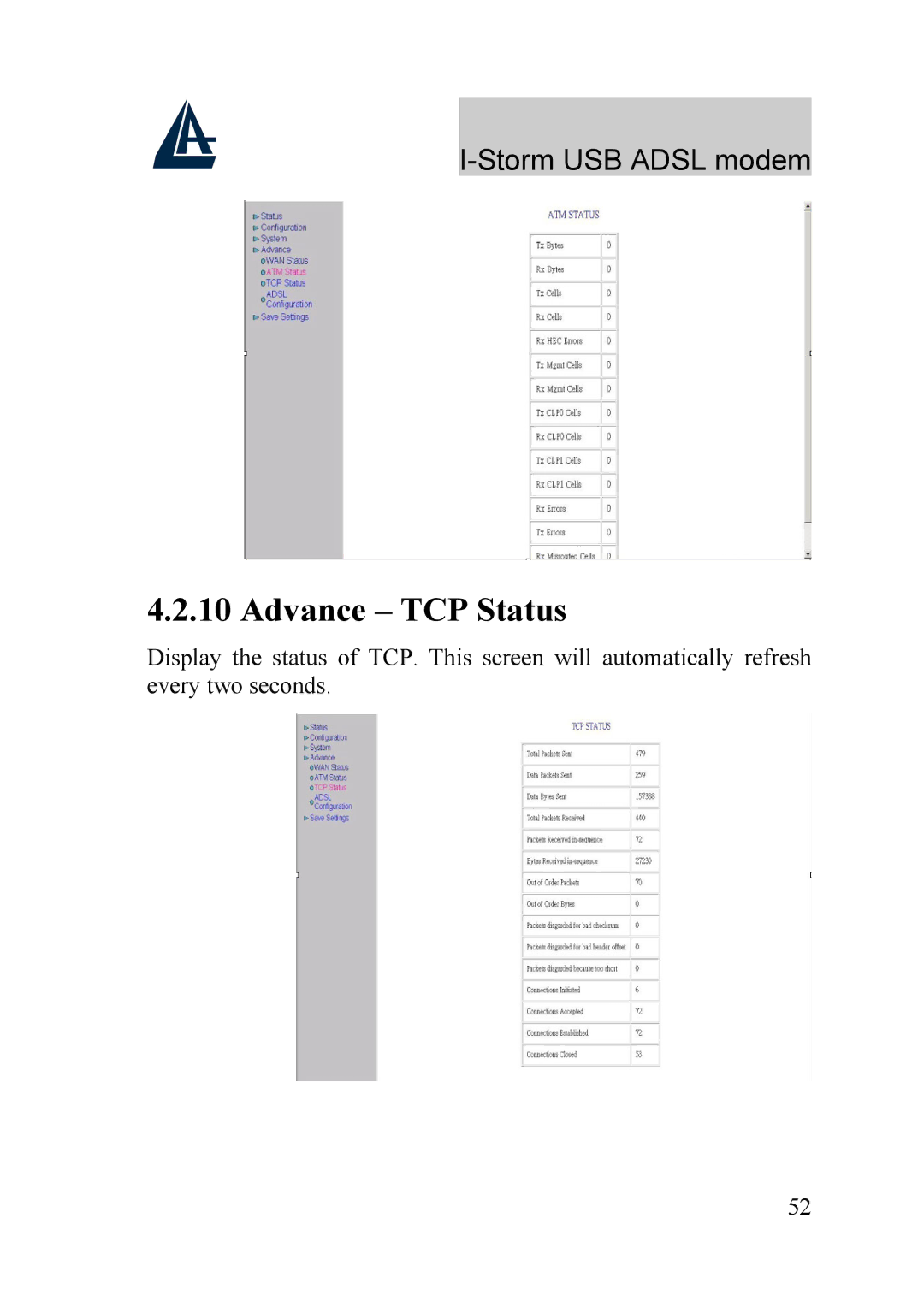 Atlantis Land A01-AU1 manual Advance TCP Status 