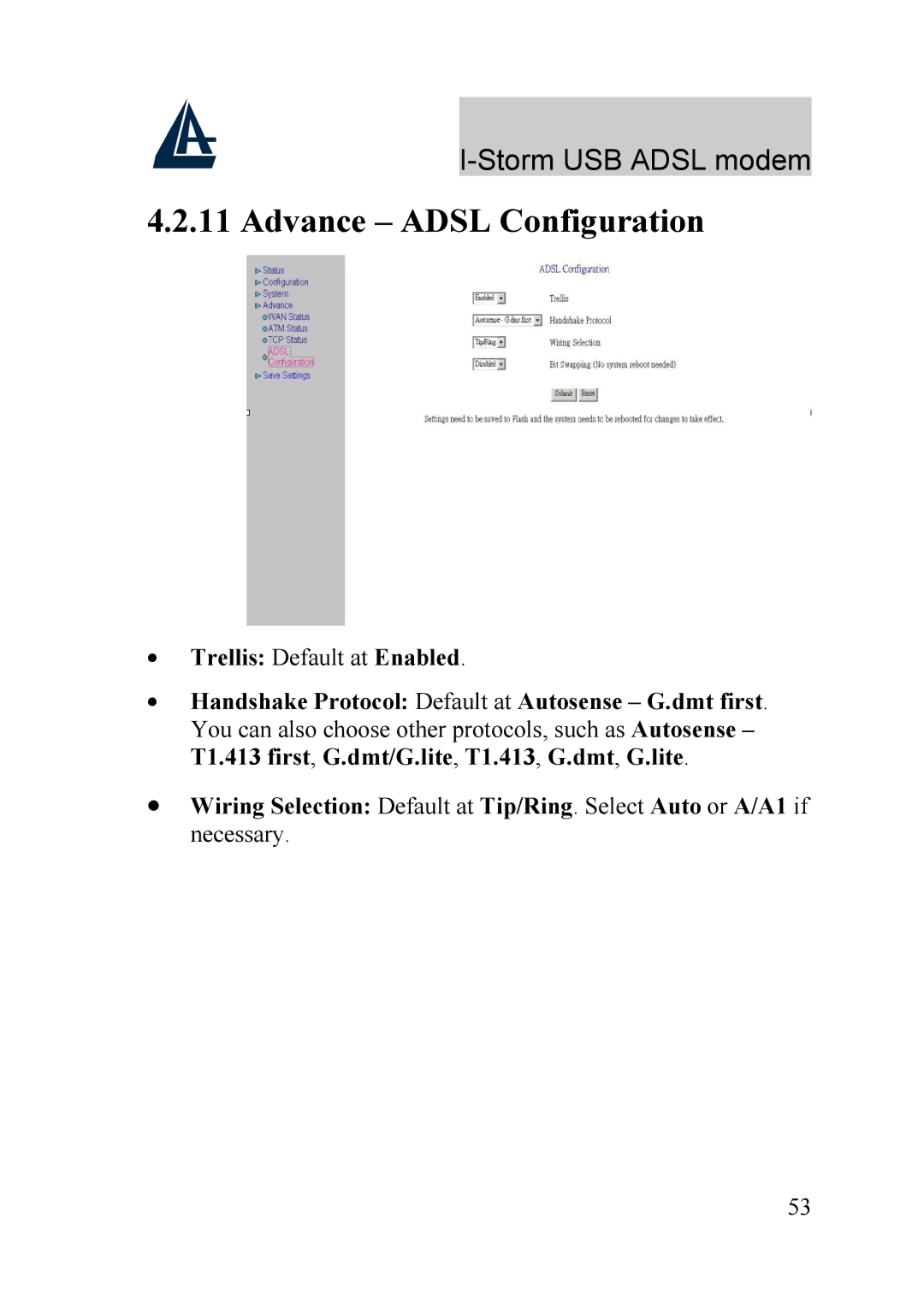 Atlantis Land A01-AU1 manual Advance Adsl Configuration, Trellis Default at Enabled 