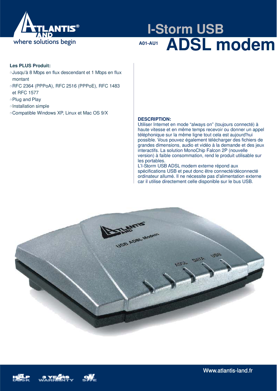 Atlantis Land dimensions A01-AU1ADSL modem, Les Plus Produit, Description 