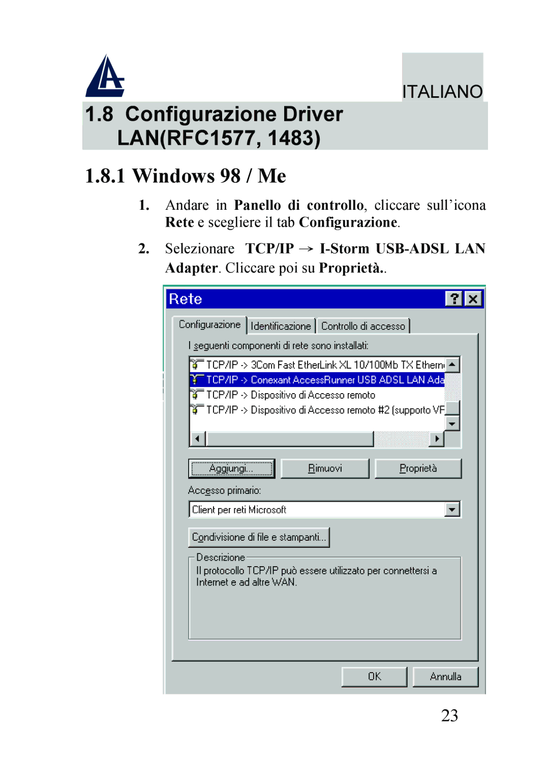 Atlantis Land A01-AU2 manual Configurazione Driver LANRFC1577, Windows 98 / Me 