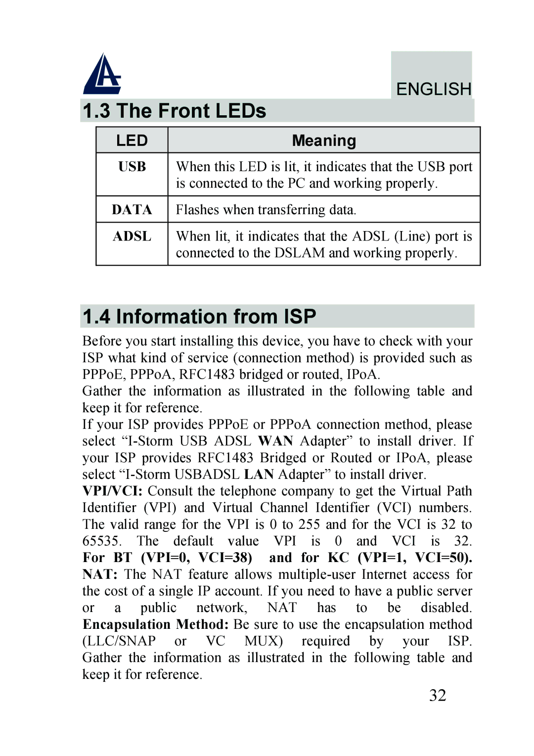 Atlantis Land A01-AU2 manual Front LEDs, Information from ISP 