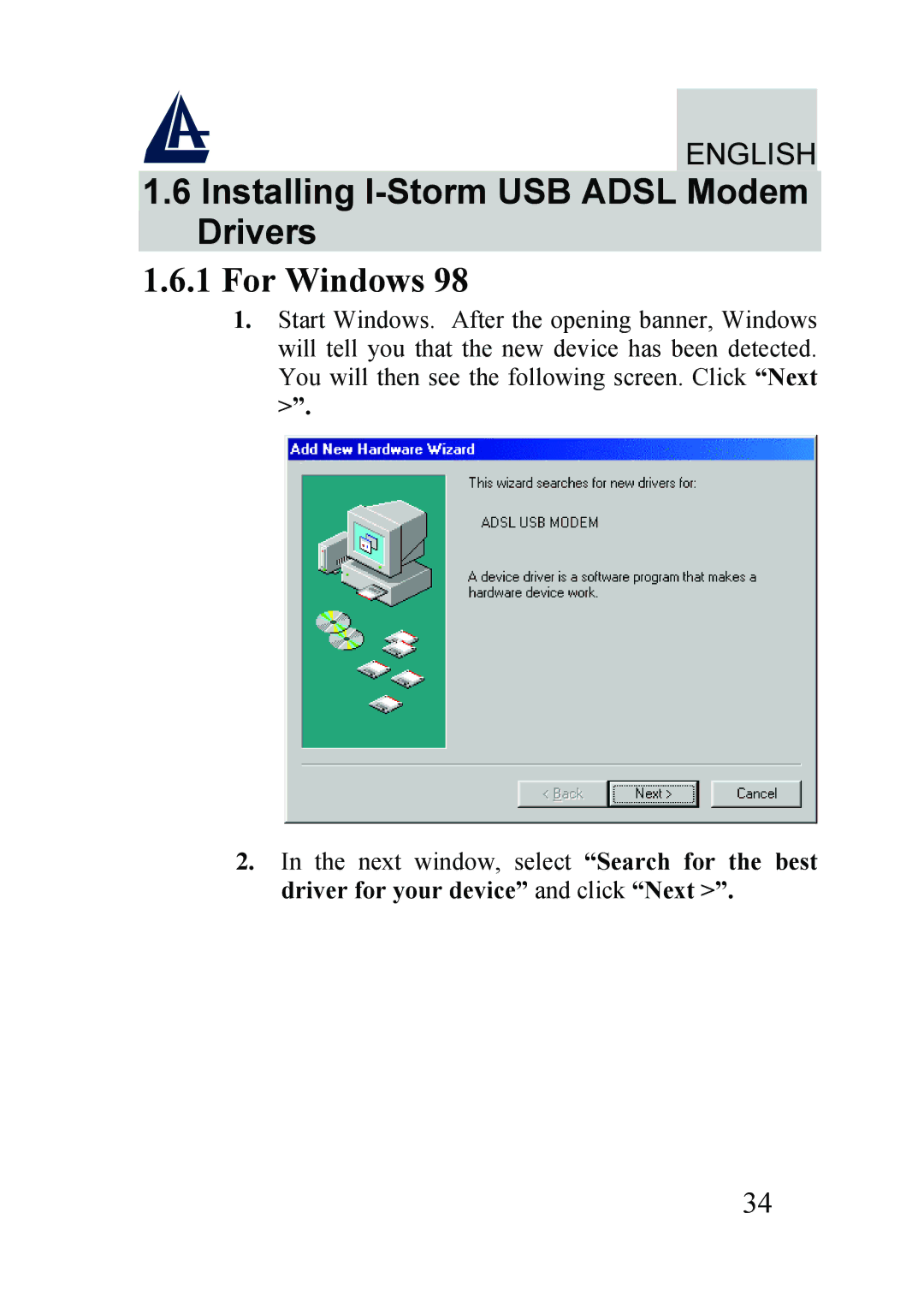 Atlantis Land A01-AU2 manual Installing I-Storm USB Adsl Modem Drivers, For Windows 