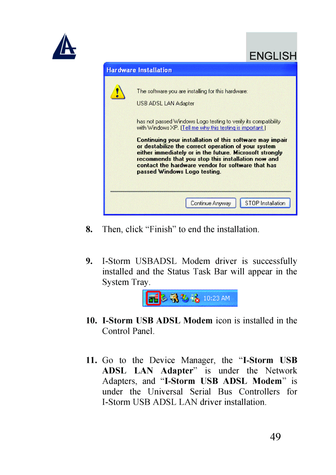 Atlantis Land A01-AU2 manual Storm USB Adsl Modem icon is installed in the Control Panel 