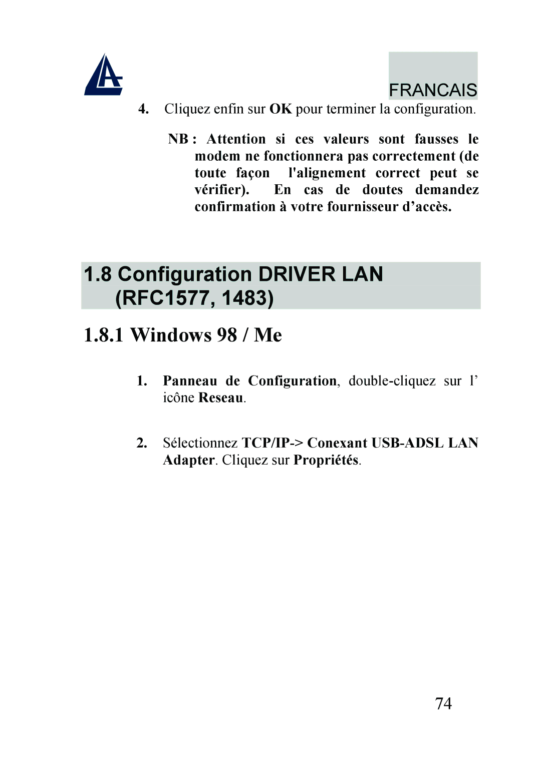 Atlantis Land A01-AU2 manual Configuration Driver LAN RFC1577, Windows 98 / Me 