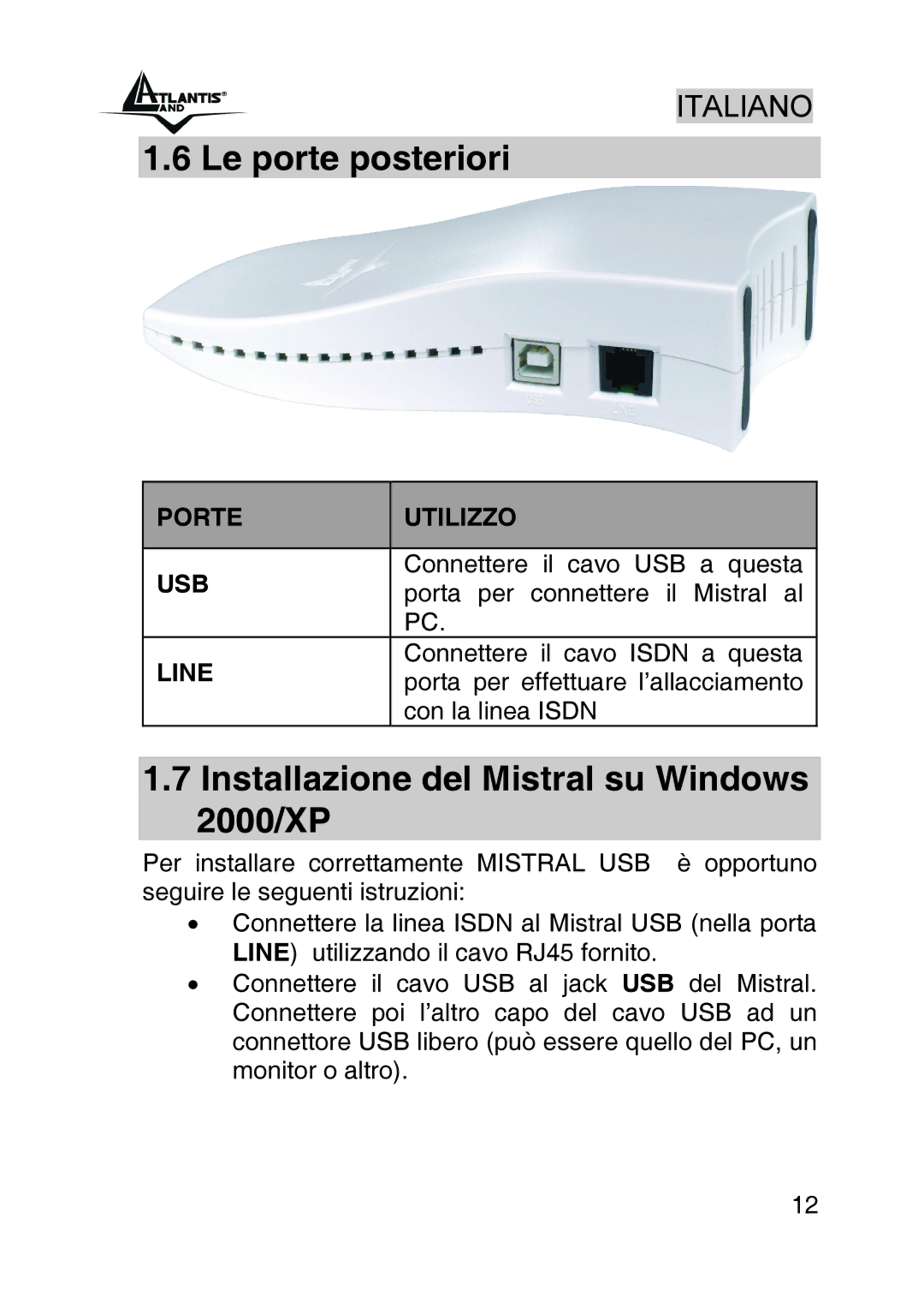 Atlantis Land A01-IU1 manual Le porte posteriori, Installazione del Mistral su Windows 2000/XP 