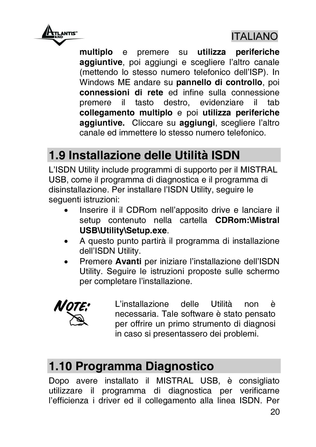 Atlantis Land A01-IU1 manual Installazione delle Utilità Isdn, Programma Diagnostico 