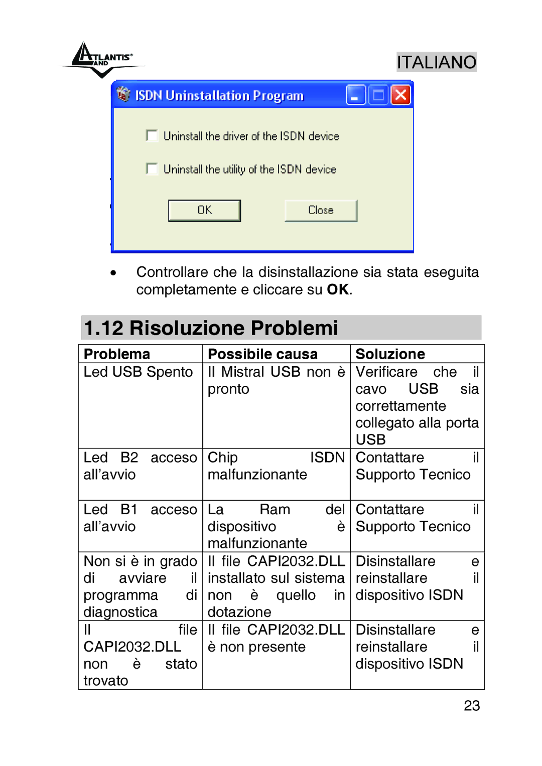 Atlantis Land A01-IU1 manual Risoluzione Problemi, Possibile causa Soluzione 