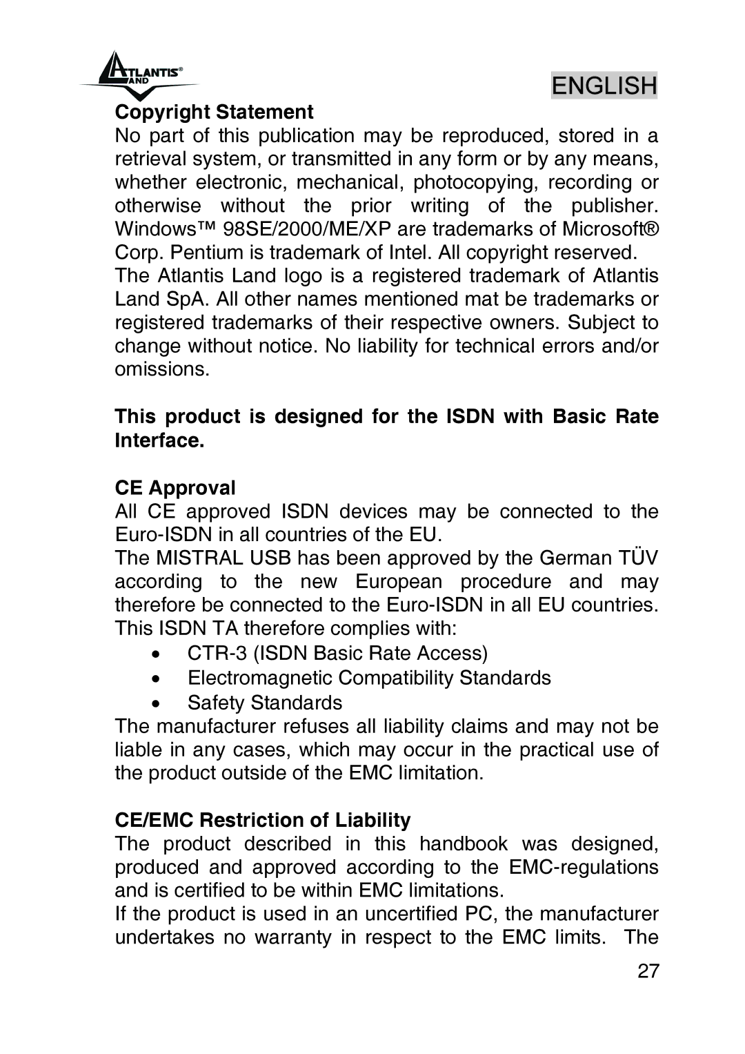 Atlantis Land A01-IU1 manual Copyright Statement, CE/EMC Restriction of Liability 