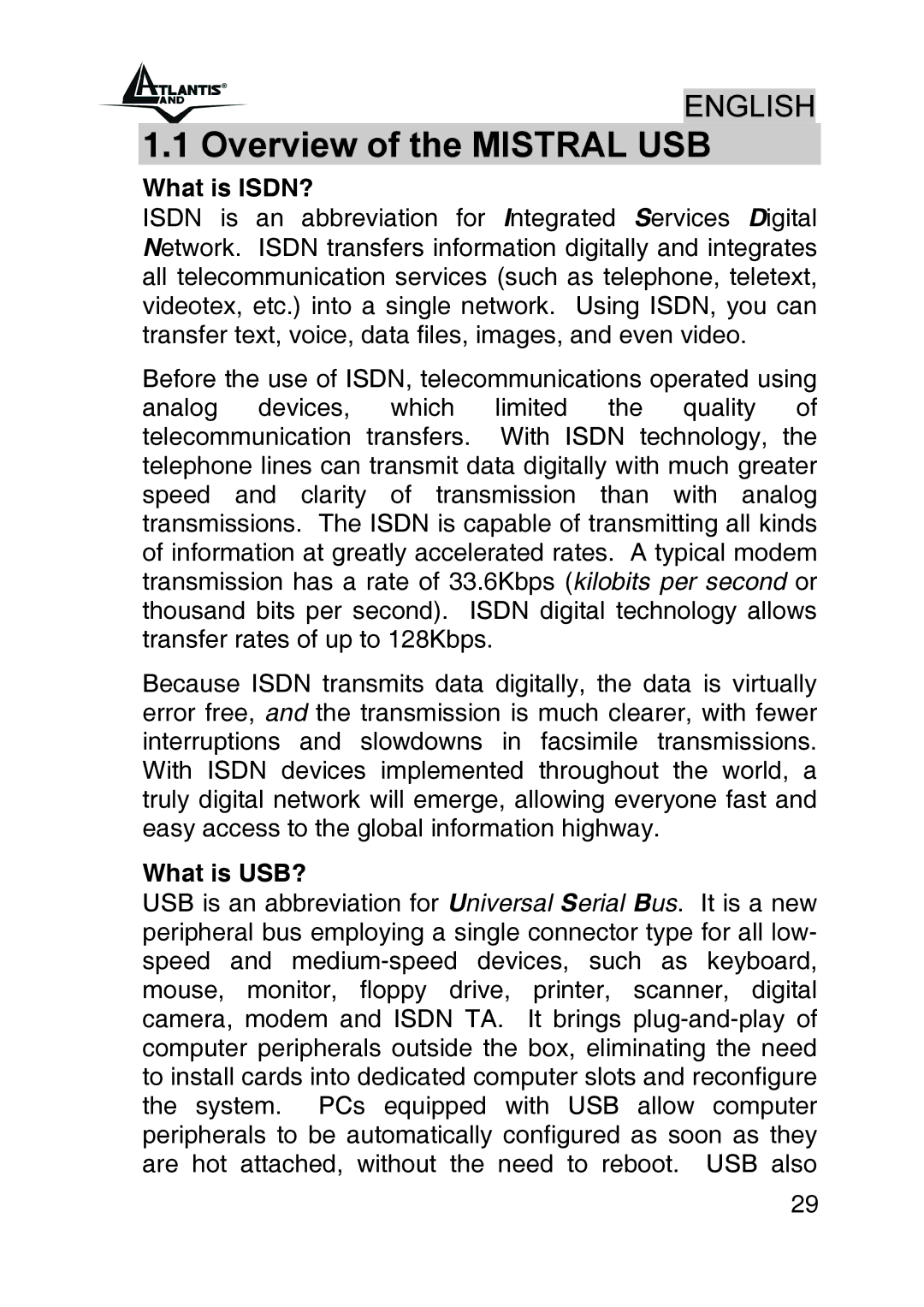 Atlantis Land A01-IU1 manual Overview of the Mistral USB, What is ISDN?, What is USB? 