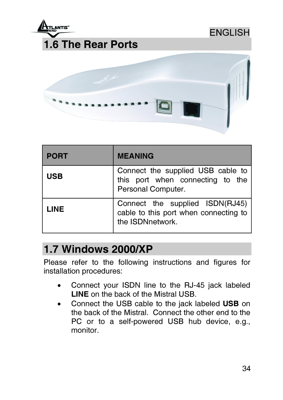 Atlantis Land A01-IU1 manual Rear Ports, Windows 2000/XP 