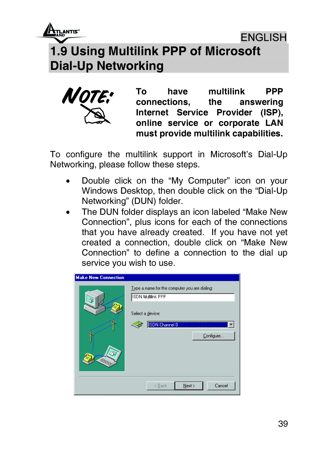 Atlantis Land A01-IU1 manual Using Multilink PPP of Microsoft Dial-Up Networking 