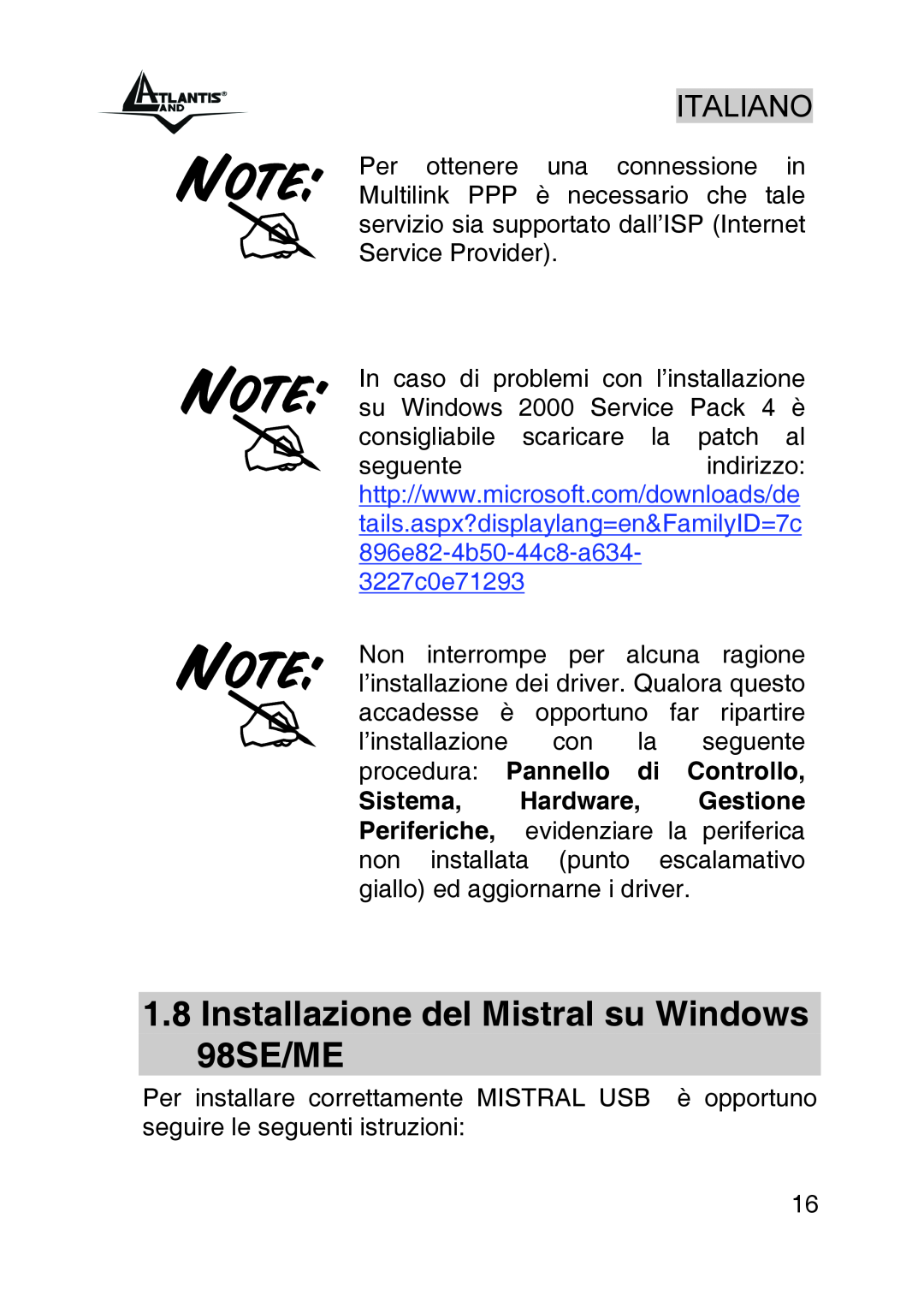 Atlantis Land A01-IU1 manual Installazione del Mistral su Windows 98SE/ME 