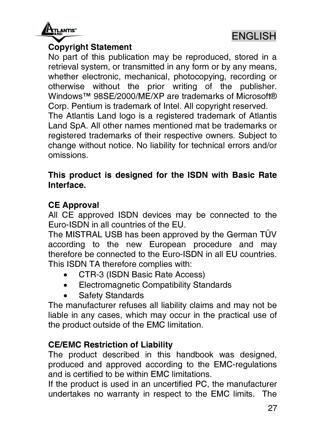 Atlantis Land A01-IU1 manual English, Copyright Statement, This product is designed for the ISDN with Basic Rate Interface 