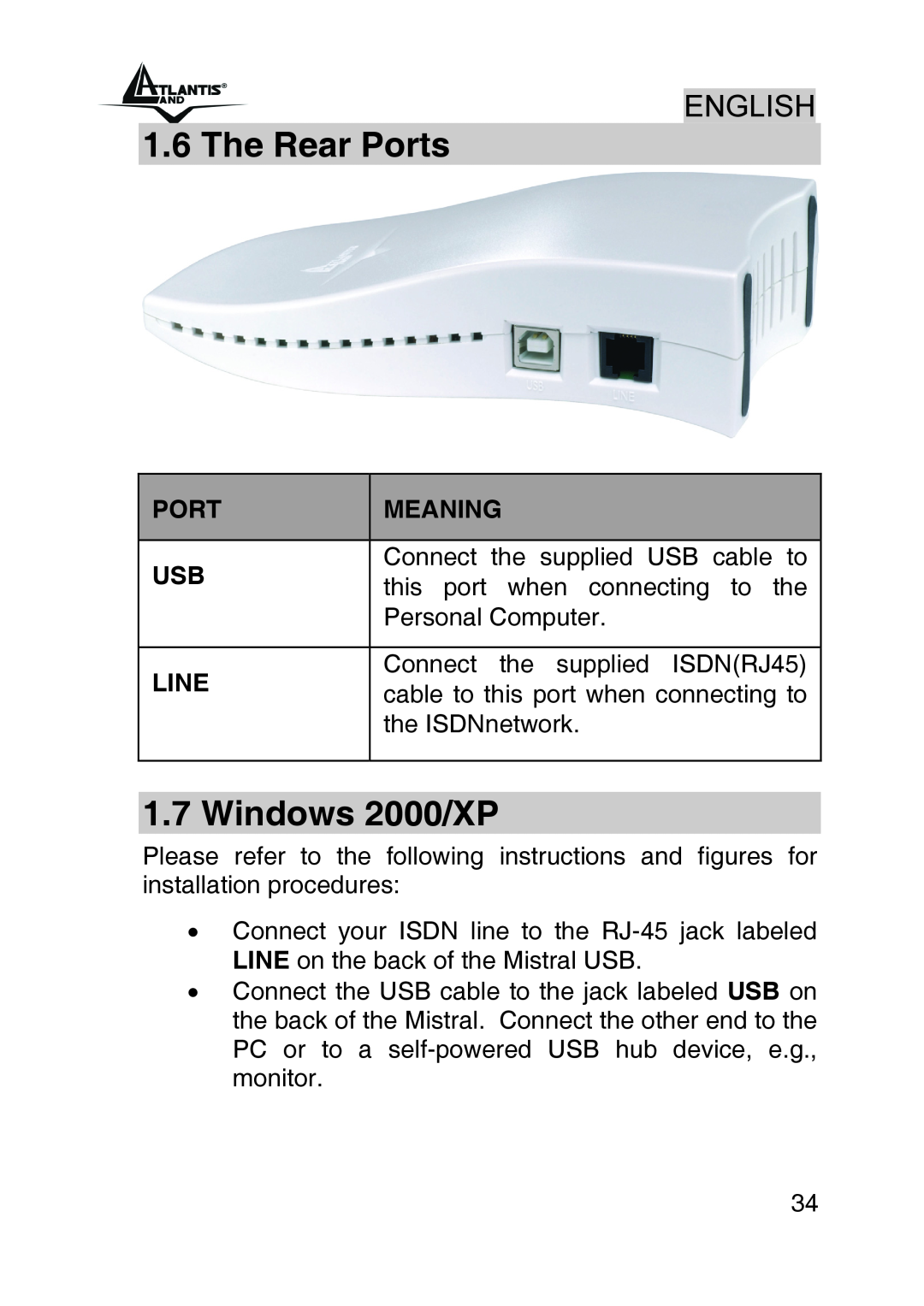Atlantis Land A01-IU1 manual The Rear Ports, Windows 2000/XP, Meaning, Line 