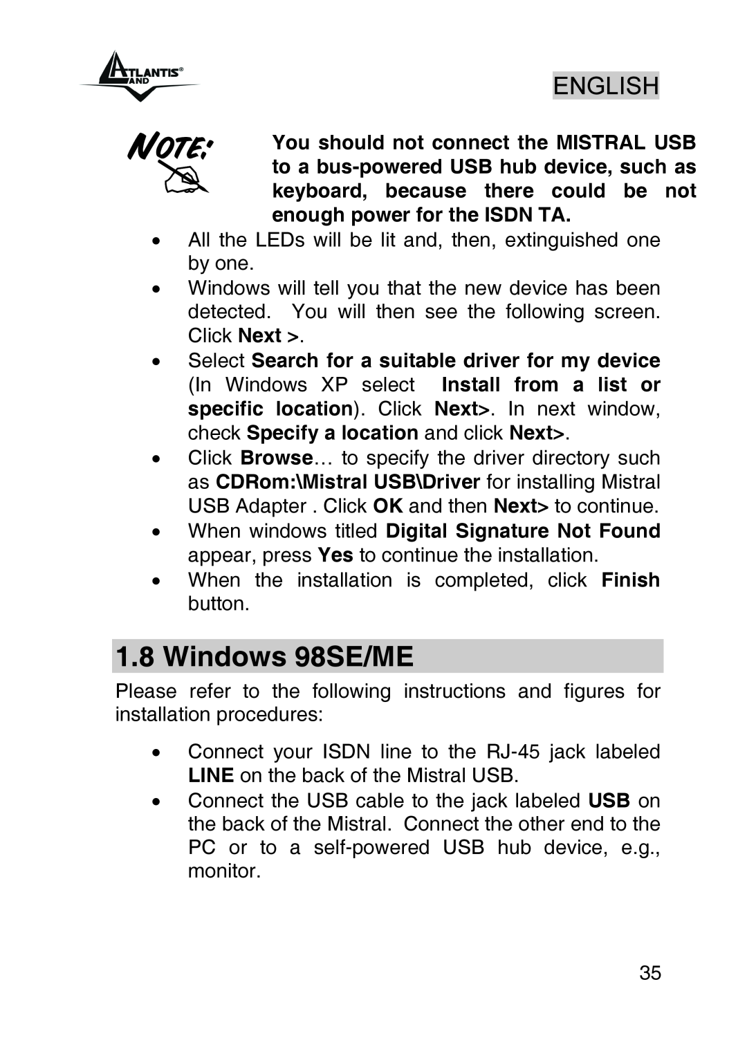 Atlantis Land A01-IU1 manual Windows 98SE/ME 