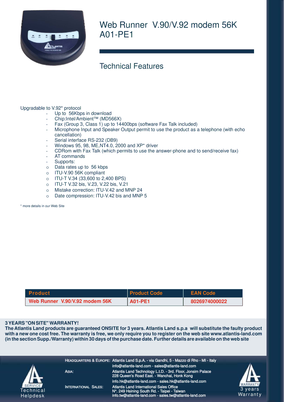 Atlantis Land manual Web Runner V.90/V.92 modem 56K A01-PE1, Technical Features, Product Product Code EAN Code 