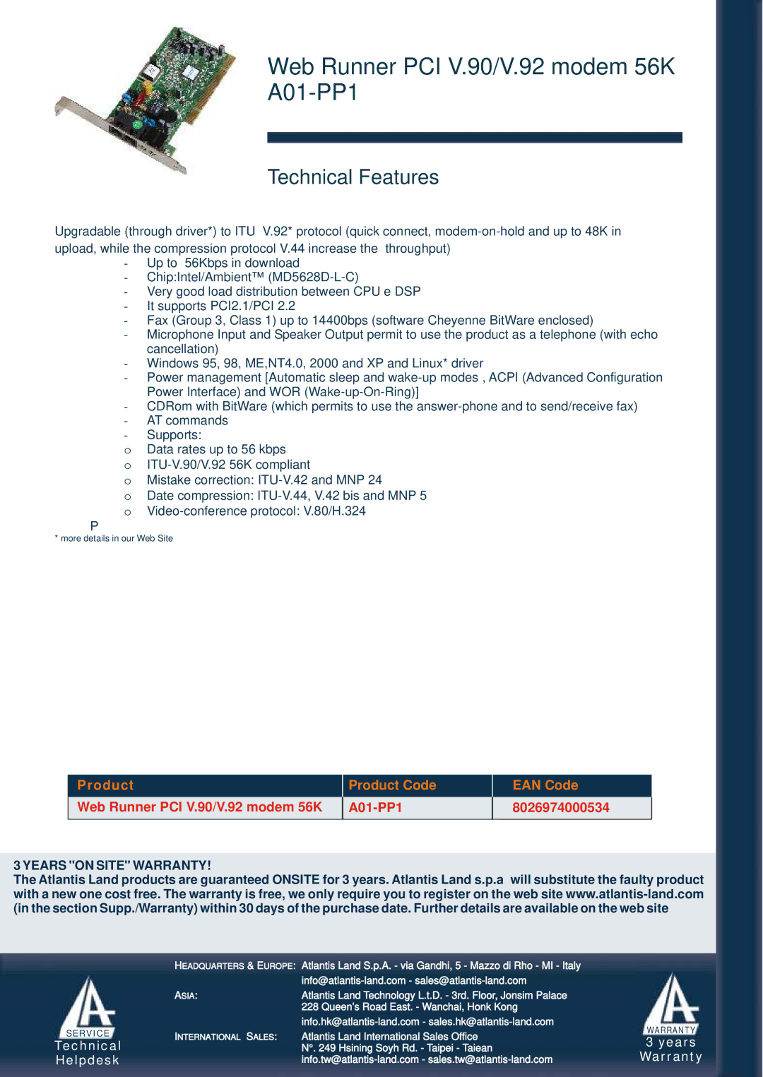 Atlantis Land manual Web Runner PCI V.90/V.92 modem 56K A01-PP1, Technical Features, Product Product Code EAN Code 