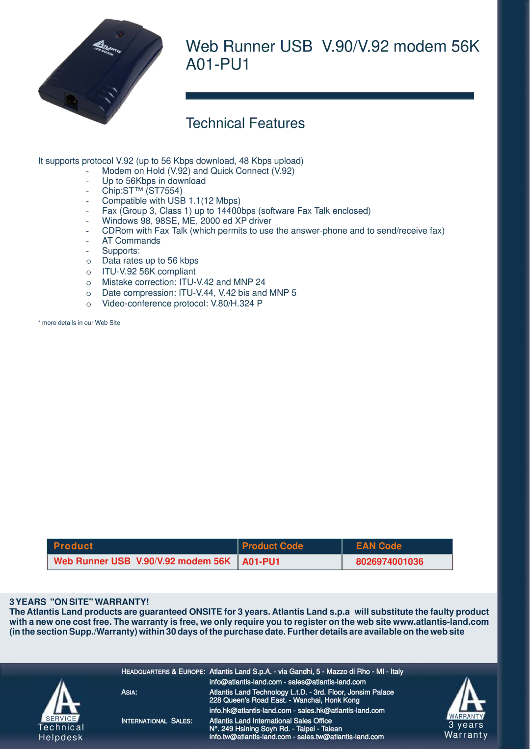 Atlantis Land manual Web Runner USB V.90/V.92 modem 56K A01-PU1, Technical Features, Product Product Code EAN Code 