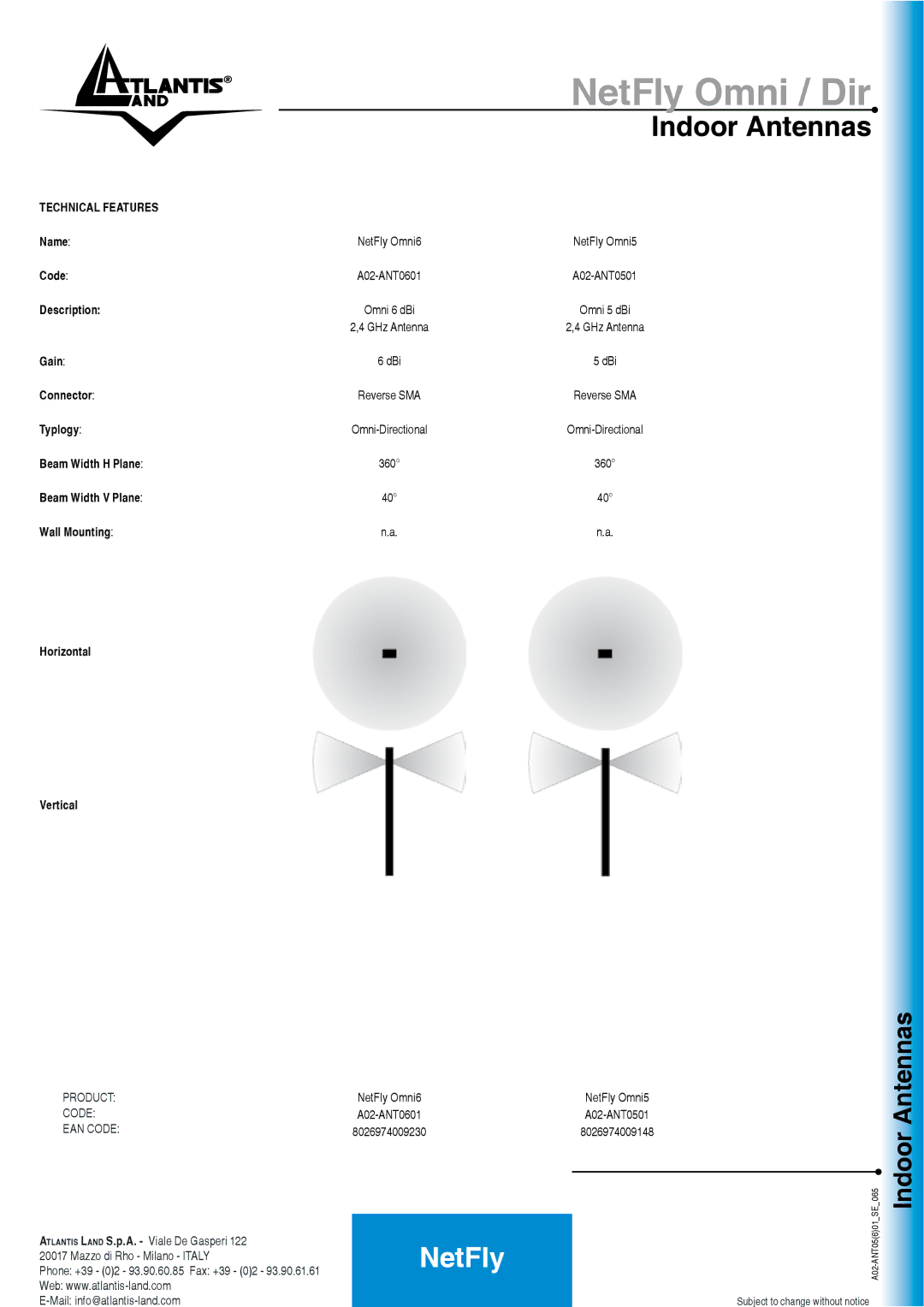 Atlantis Land A02-ANT0601 manual NetFly Omni / Dir, Indoor Antennas, Product Code EAN Code, Mail info@atlantis-land.com 