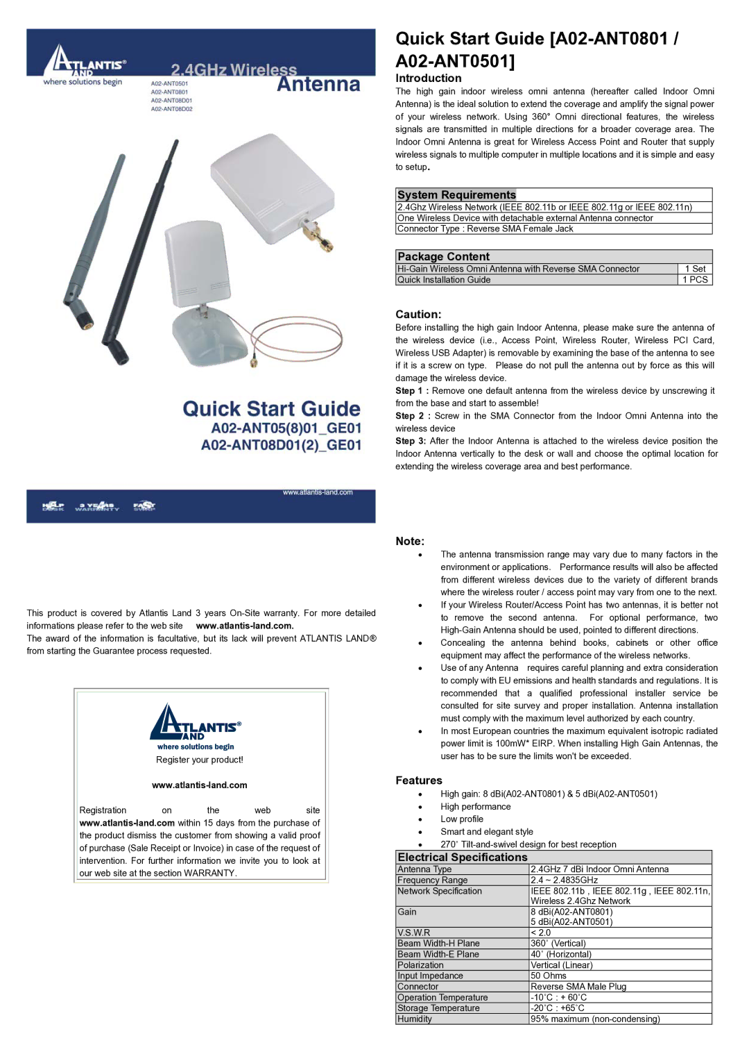 Atlantis Land quick start Quick Start Guide A02-ANT0801 / A02-ANT0501 