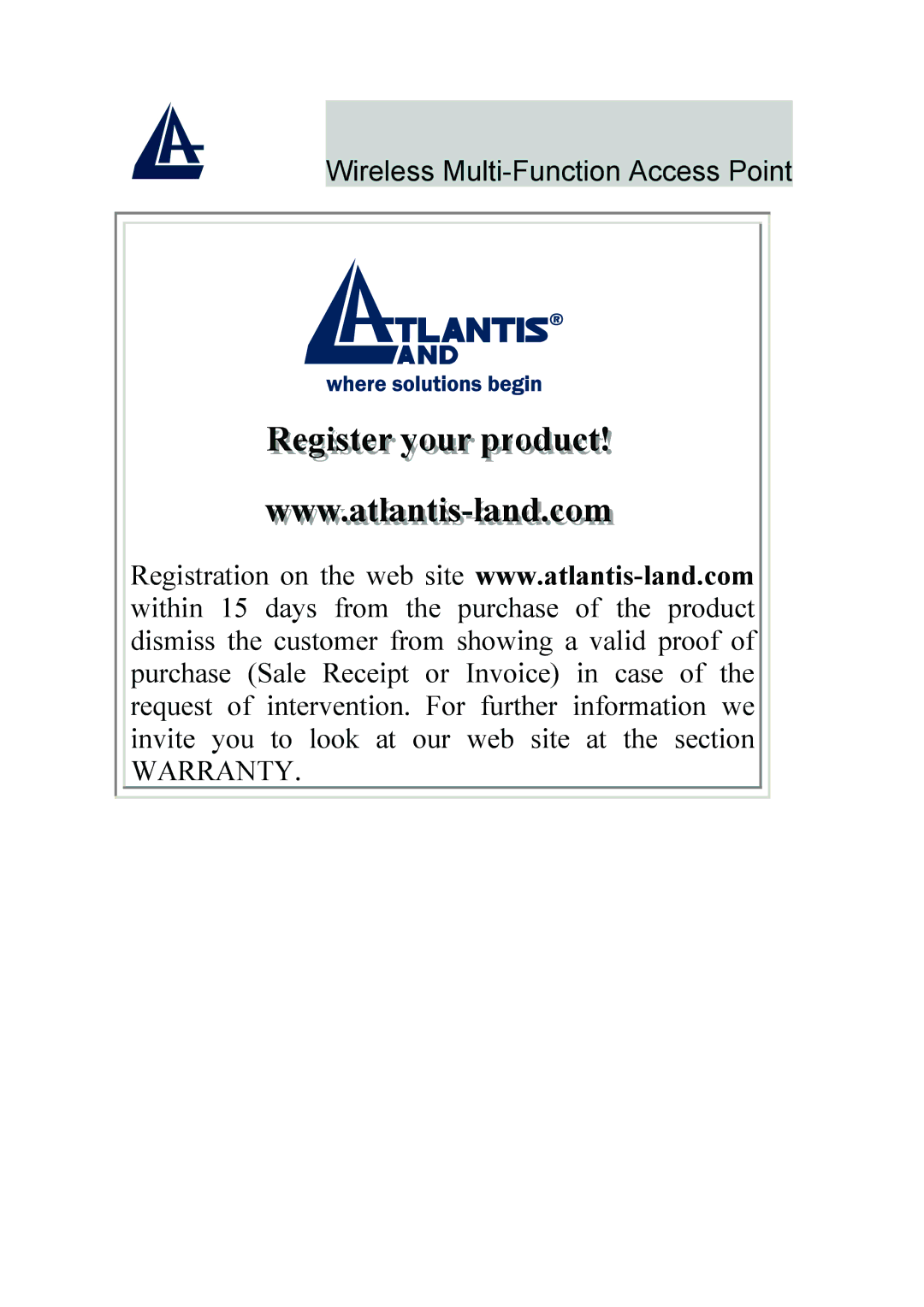 Atlantis Land A02-AP-W54_GE01 quick start Regiisstter your productt 