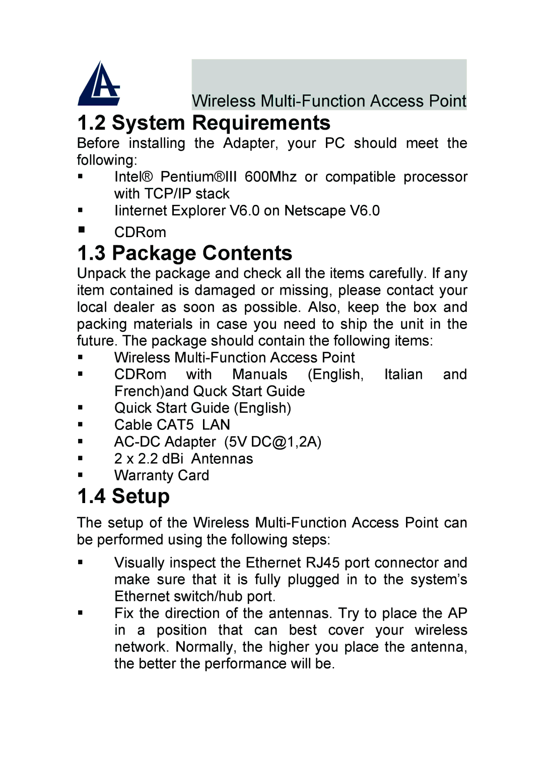 Atlantis Land A02-AP-W54_GE01 quick start System Requirements, Package Contents, Setup 