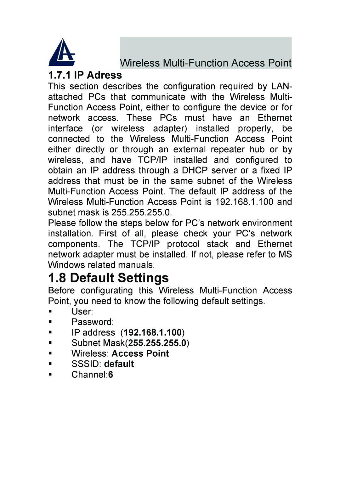 Atlantis Land A02-AP-W54_GE01 quick start Default Settings, IP Adress 