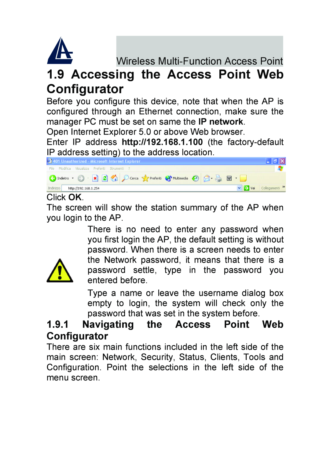 Atlantis Land A02-AP-W54_GE01 Accessing the Access Point Web Configurator, Navigating the Access Point Web Configurator 
