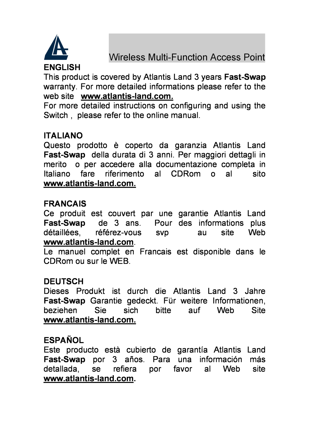 Atlantis Land A02-AP-W54_GE01 Wireless Multi-Function Access Point, English, Italiano, Francais, Deutsch, Español 