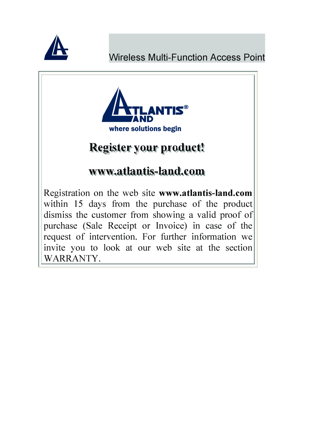 Atlantis Land A02-AP-W54_GE01 quick start Regiisstter your productt, Wireless Multi-Function Access Point, Warranty 