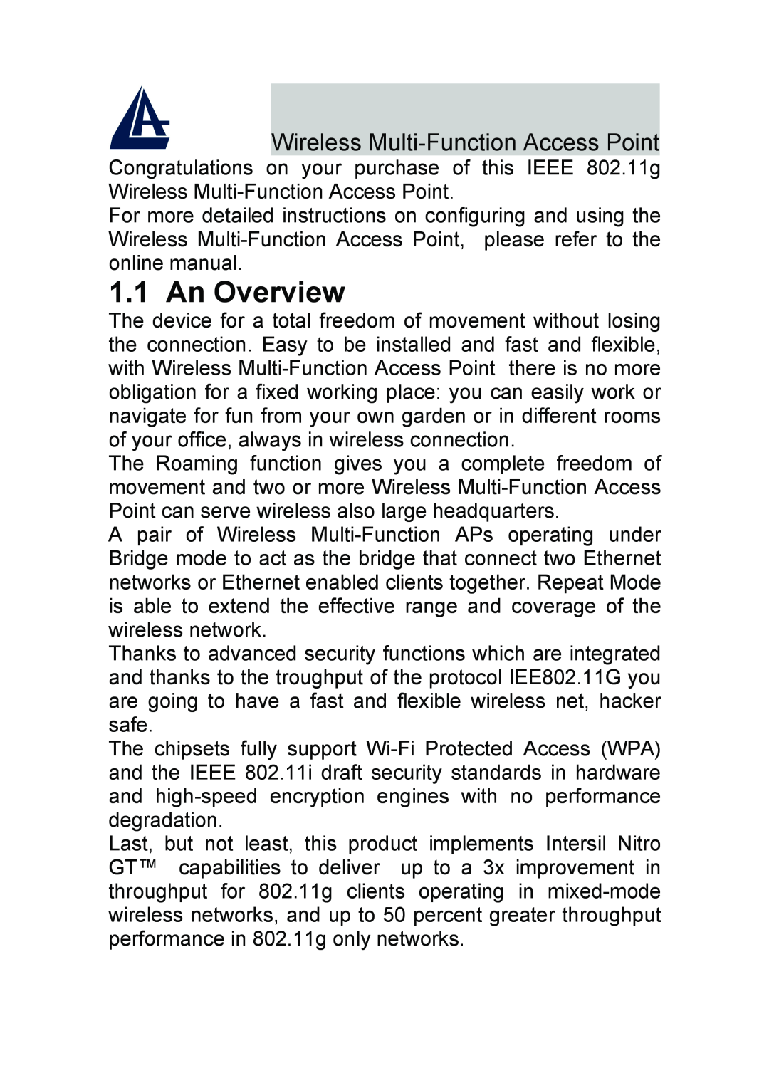 Atlantis Land A02-AP-W54_GE01 quick start An Overview, Wireless Multi-Function Access Point 