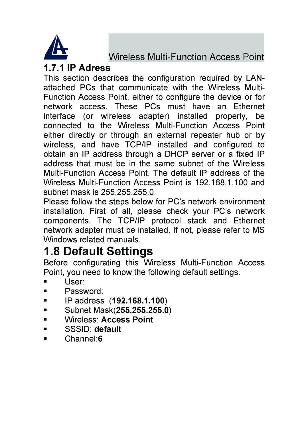 Atlantis Land A02-AP-W54_GE01 quick start Default Settings, IP Adress, Wireless Multi-Function Access Point 
