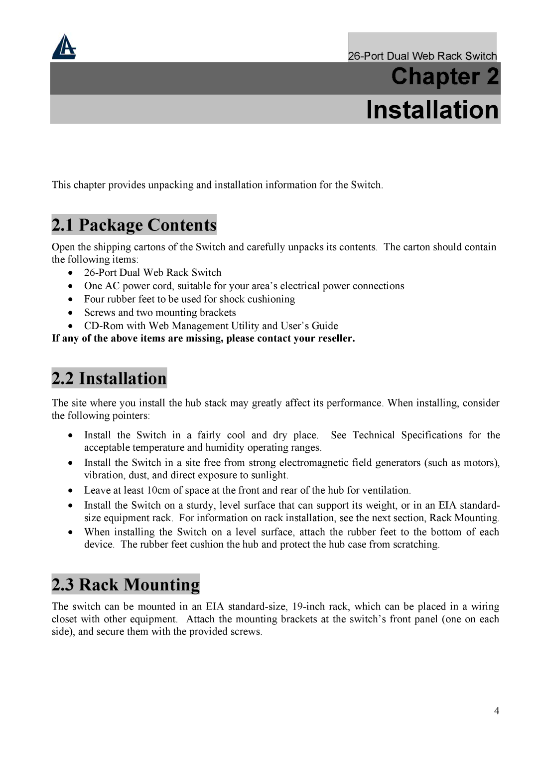 Atlantis Land A02-F24-4G user manual Package Contents, Installation, Rack Mounting 