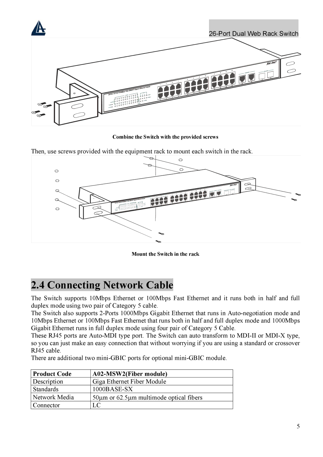 Atlantis Land A02-F24-4G user manual Connecting Network Cable, Product Code A02-MSW2Fiber module 