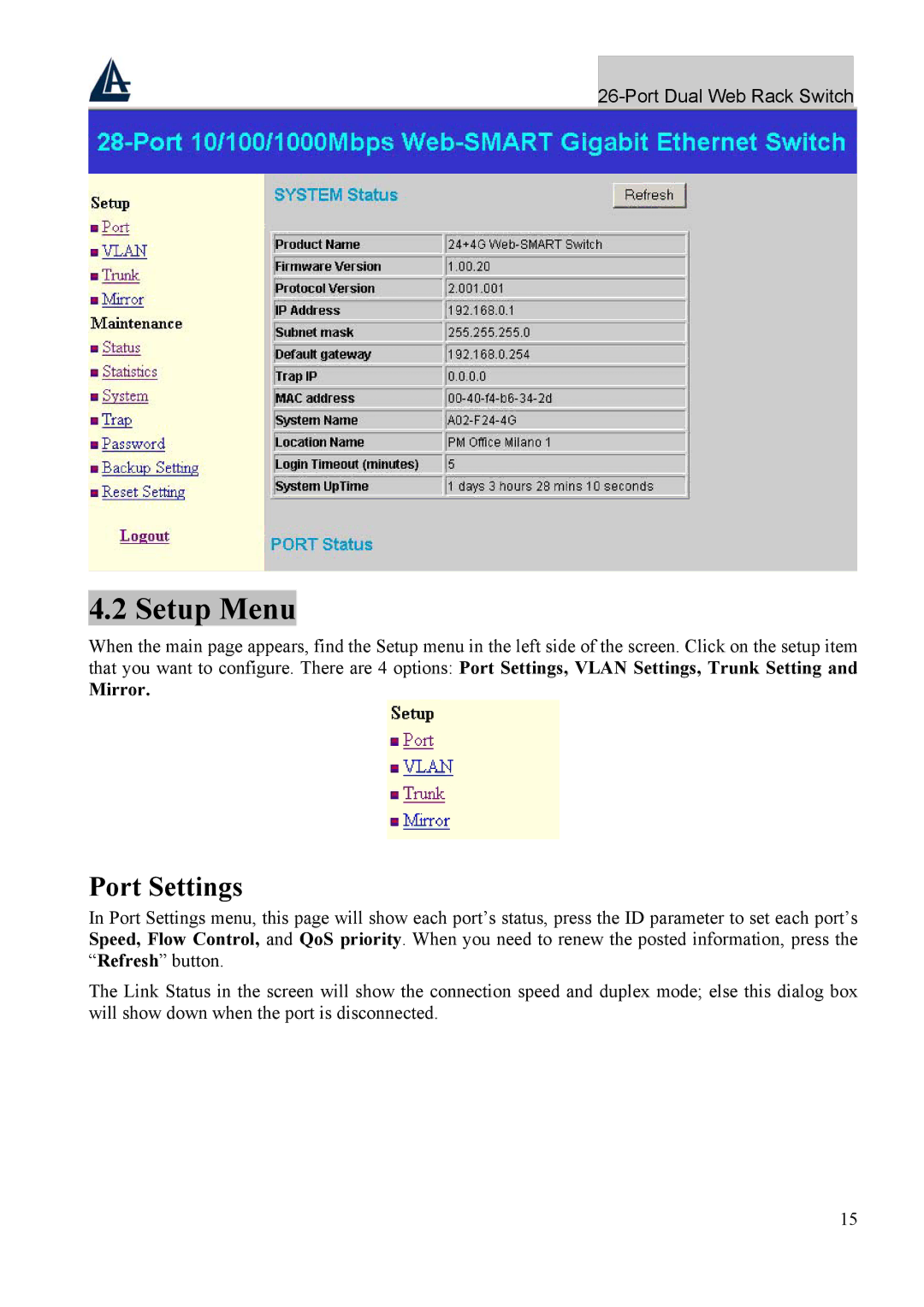 Atlantis Land A02-F24-4G user manual Setup Menu, Port Settings, Mirror 