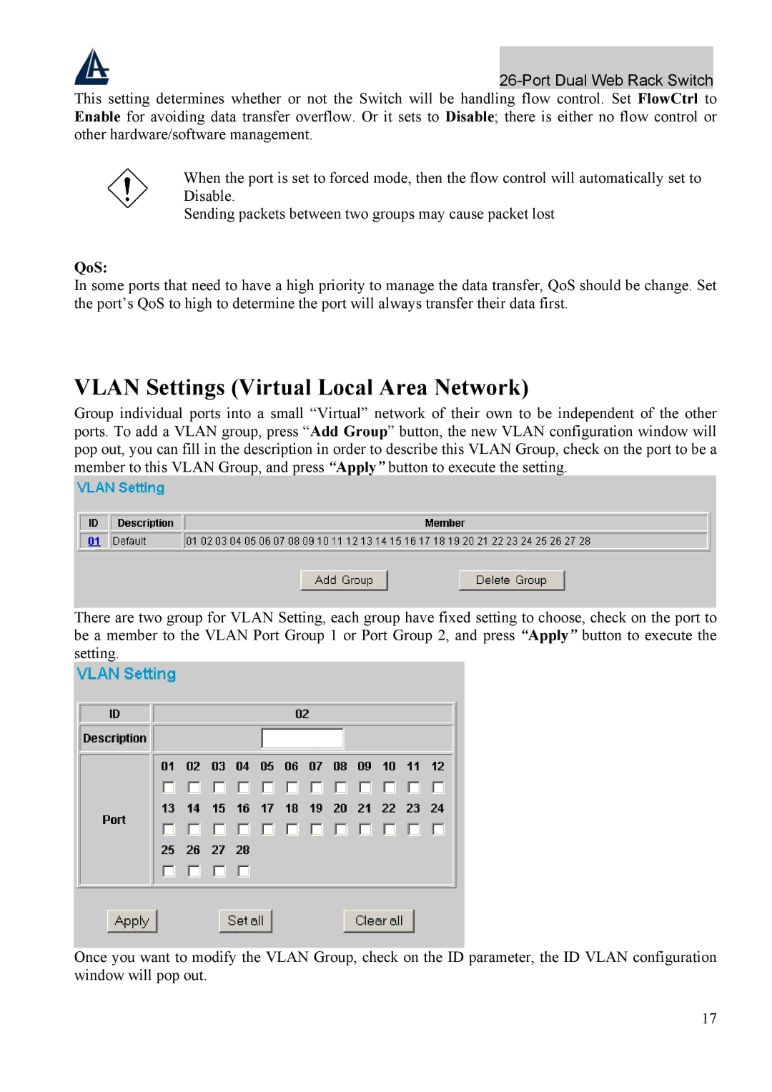 Atlantis Land A02-F24-4G user manual Vlan Settings Virtual Local Area Network, QoS 