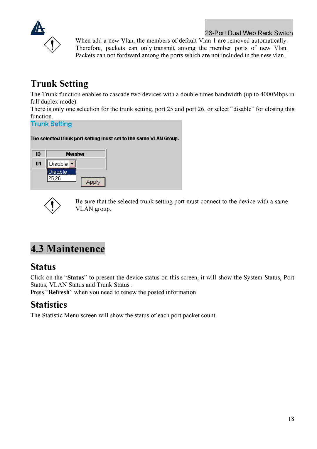 Atlantis Land A02-F24-4G user manual Maintenence, Trunk Setting, Status, Statistics 