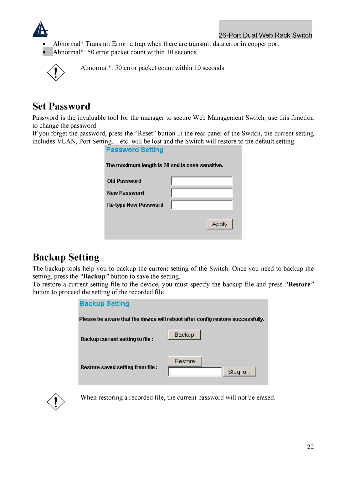 Atlantis Land A02-F24-4G user manual Set Password, Backup Setting 