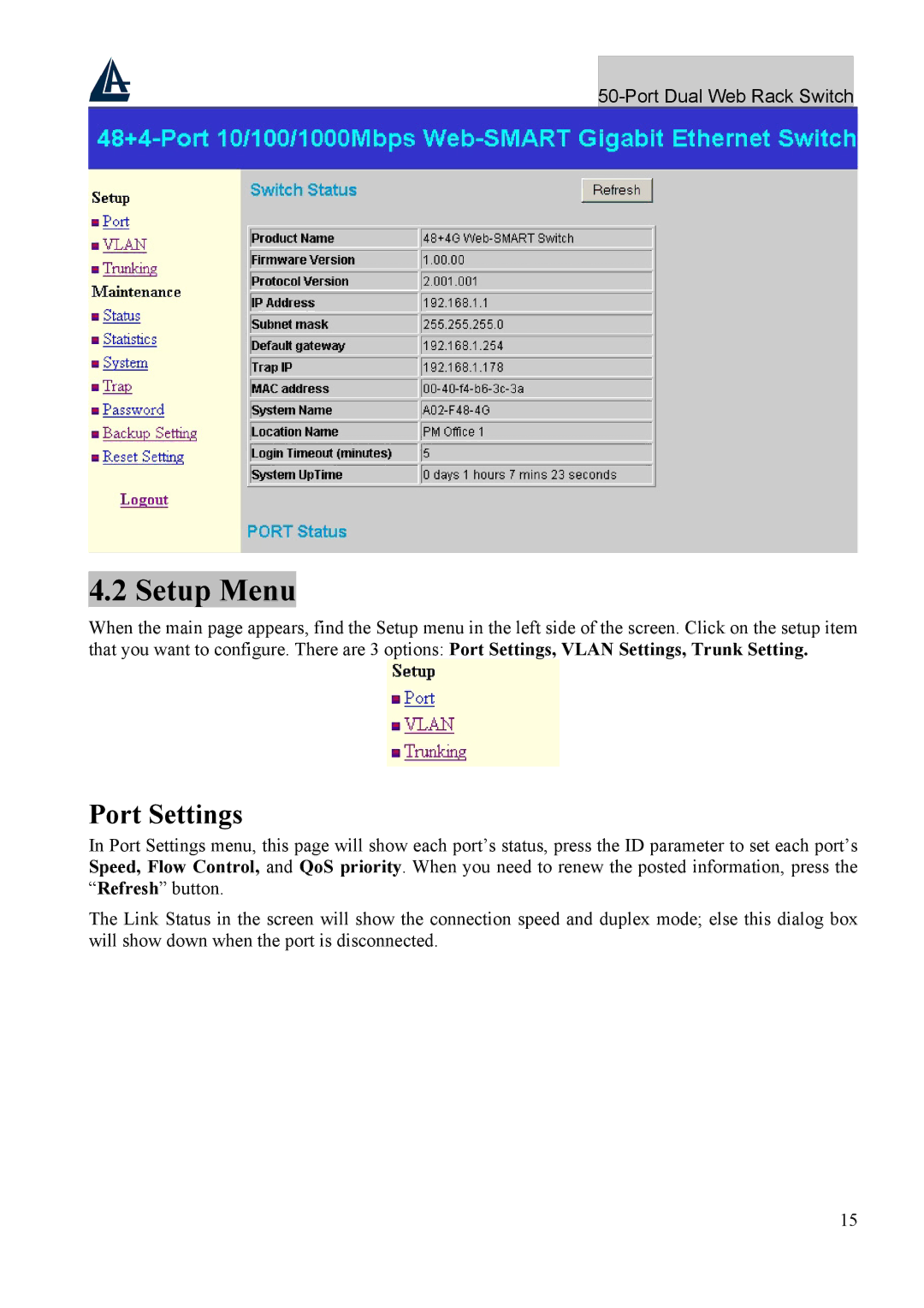 Atlantis Land A02-F48-4G user manual Setup Menu, Port Settings 